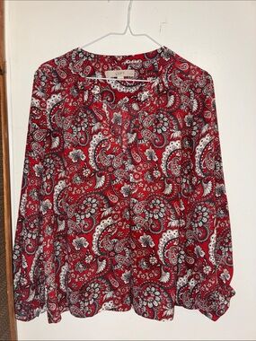 LOFT Red Paisley Button-Front Blouse